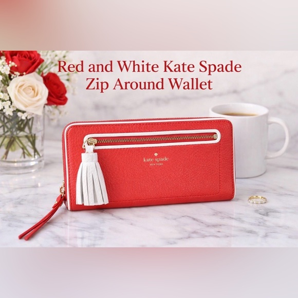 kate spade Handbags - kate spade Red and White Zip-Around Tassel Wallet